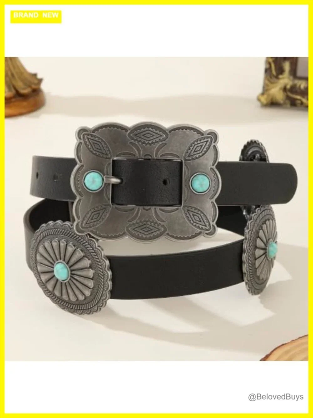Women's Western Belt with Turquoise Concho Buckle Faux Leather Adjustable